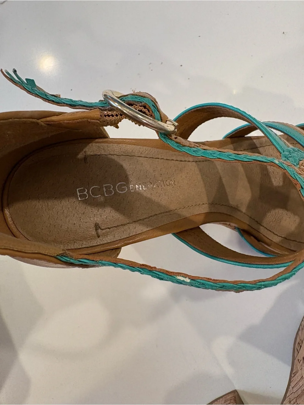 Y2K BCBGeneration Cork Chunky Strappy Platform Heels Turquoise Blue Tan Sandals